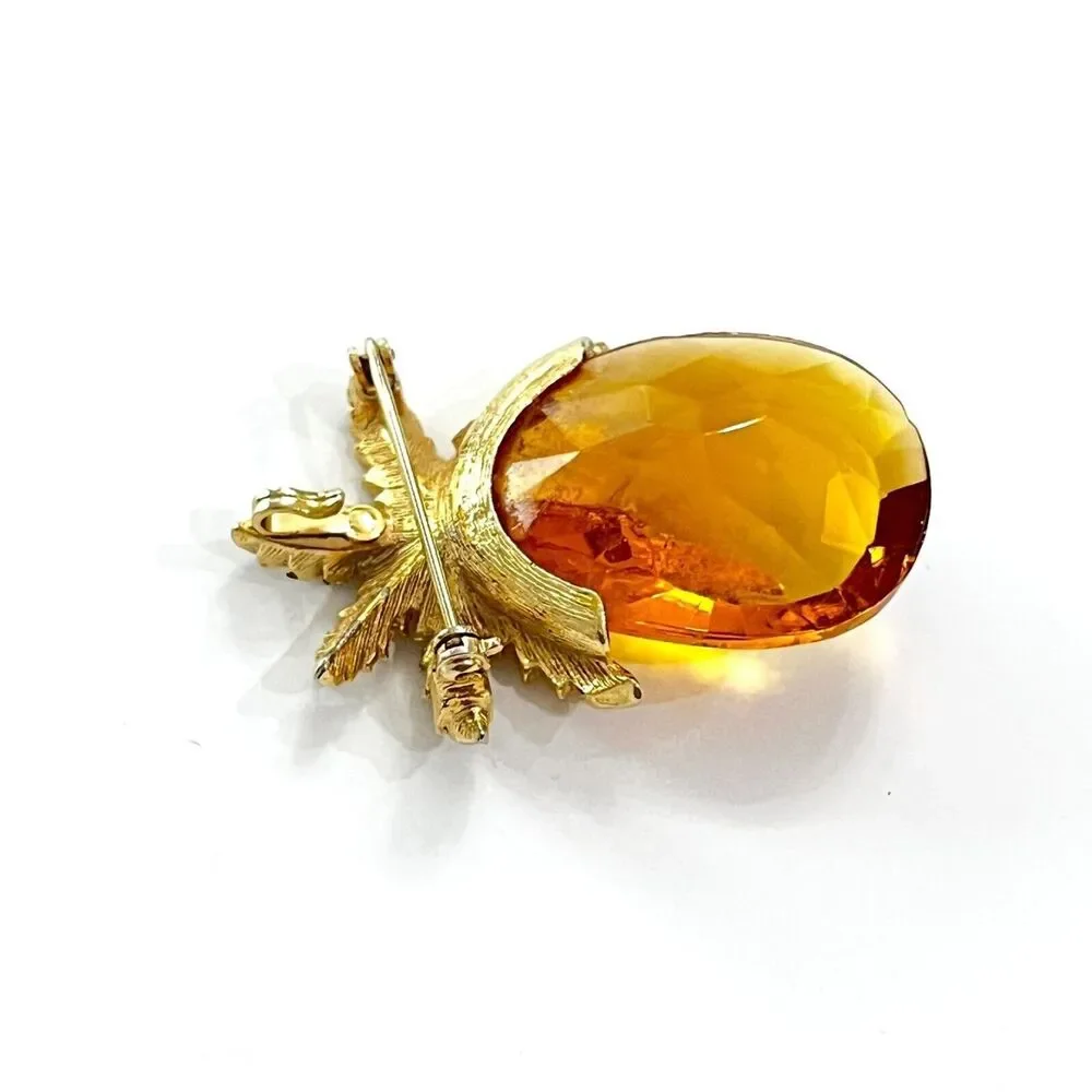 Mid Century Sarah Coventry Gold Tone Amber Glass Leaf Brooch Statement Pin
